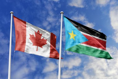 3 boyutlu illüstrasyon. Kanada ve Güney Sudan Bayrağı gökyüzünde dalgalanıyor. Yüksek detaylı el sallama bayrağı. 3 boyutlu görüntüleme. Gökyüzünde el sallıyor. Bulutlu gökyüzünde bayraklar dalgalanıyor.