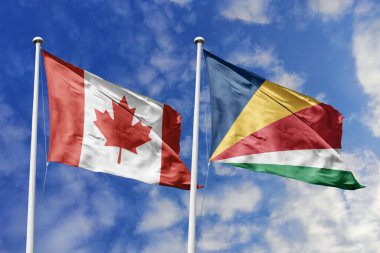 3 boyutlu illüstrasyon. Kanada ve Seyşeller Bayrağı gökyüzünde dalgalanıyor. Yüksek detaylı el sallama bayrağı. 3 boyutlu görüntüleme. Gökyüzünde el sallıyor. Bulutlu gökyüzünde bayraklar dalgalanıyor.