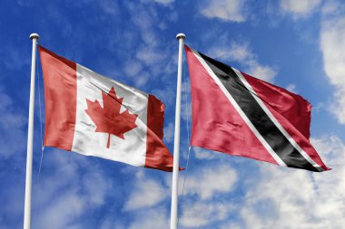 3 boyutlu illüstrasyon. Kanada, Trinidad ve Tobago bayrağı gökyüzünde dalgalanıyor. Yüksek detaylı el sallama bayrağı. 3 boyutlu görüntüleme. Gökyüzünde el sallıyor. Bulutlu gökyüzünde bayraklar dalgalanıyor.
