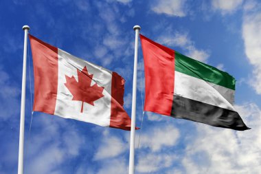 3 boyutlu illüstrasyon. Kanada ve Birleşik Arap Emirlikleri bayrağı gökyüzünde dalgalanıyor. Yüksek detaylı el sallama bayrağı. 3 boyutlu görüntüleme. Gökyüzünde el sallıyor. Bulutlu gökyüzünde bayraklar dalgalanıyor.