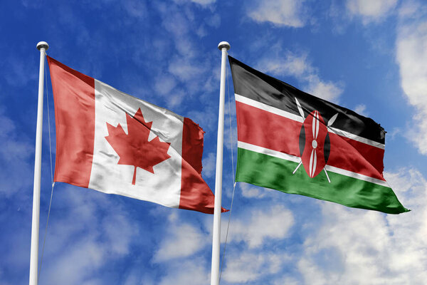 3d иллюстрация. Канада и Кения размахивают флагом в небе. Высокая детализация флага. 3D визуализация. Махал в небе. Флаги развевались в облачном небе.