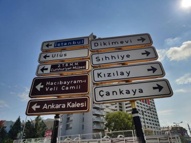 Ankara, Turkey, September 19, 2024, A crossroads of history and modernity in Ankara, directing paths to iconic landmarks like Ankara Castle, Hac Bayram Mosque, and Kzlay, metaphorically guiding lifes journey. clipart