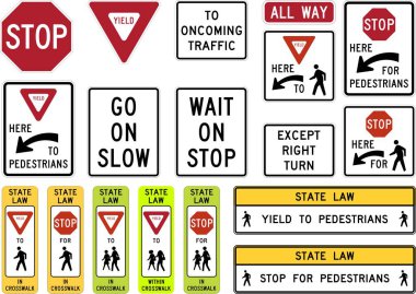 Comprehensive Collection of Traffic Control Signs: Stop, Yield, Pedestrian Crossings, School Zones, and Directional Plaques for Road Safety. Road signs in the United States. clipart