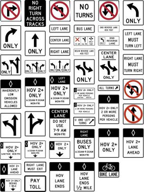 Yönlendirme ve Şerit Kontrol Yol İşaretleri Toplama: Dönüşler, U-Dönüşleri, Şerit Kullanma, HOV ve Trafik Kılavuzu ve Güvenliği İçin Tercihli Şeritler, ABD 'de Yol İşaretleri.