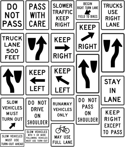 Stock vector Comprehensive Set of Passing, Lane Use, and Traffic Control Signs: Do Not Pass, Keep Right, Slow Vehicles, and Bike Lane Guidance for Road Safety. Road signs in the United States.