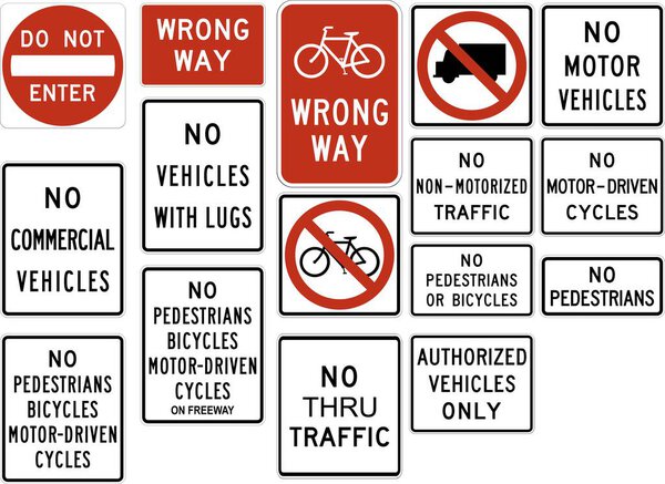 Комплексная коллекция дорожных знаков ограничения: не входить, нет грузовиков, нет пешеходов, нет велосипедов, и несанкционированных транспортных средств запреты для дорожного движения и дорожного контроля. Дорожные знаки США.