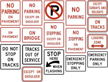 Park Yasağı, Durdurma ve Acil Durum İşaretleri Toplama: Pavement Kısıtlamaları, Yükleme Bölgeleri ve Yol ve Trafik Yönetimi Rayları Güvenliği. ABD 'de yol işaretleri.