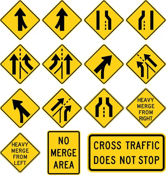 Stock vector Lanes and Merge Traffic Signs: Right and Left Merges, Lane Ends, Added Lanes, Heavy Merge, and No Merge Area Plaques. Road signs in the United States.