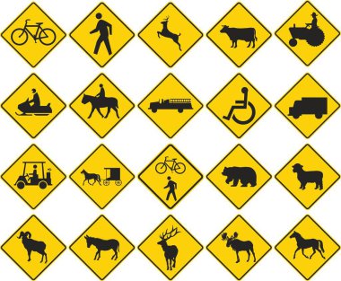 Advance Road Warning Signs Collection Featuring Bicycles, Pedestrians, Deer, Cattle, Farm Vehicles, and Wildlife. Road signs in the United States. clipart