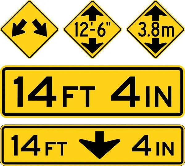 stock vector Low Clearance Warning Signs Collection Featuring Double Arrow, Metric Heights, and Bridge Overhead Clearance Indicators. Road signs in the United States.