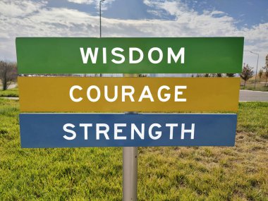 Empowering Signpost of Life: Strength, Courage, Wisdom  A Metaphorical Path to Resilience, Bravery, and Insight, Guiding Us Toward Inner Power, Fearlessness, and the Pursuit of Meaningful Growth. clipart