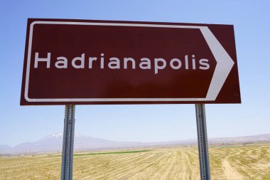 Hadrianapolis Road Sign: A Symbolic Gateway to Turkey's Ancient Legacy and Timeless Journey, Leading Explorers to Discover the Rich Tapestry of History, Culture, and Natural Beauty Embedded in a Land of Eternal Wonders. clipart