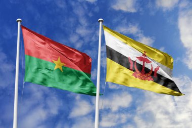 Bir Burkina Faso ve Brunei bayrağı, Asya-Afrika birliği için bir metafor, mavi gökyüzüne karşı birlikte dalgalanıyor, dostluğu ve kültürel değişimi simgeliyor..