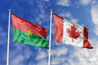 Bir Burkina Faso ve Kanada bayrağı, Atlantik ötesi bağlar için bir metafor, mavi gökyüzüne karşı birlikte dalgalanıyor, dostluğu ve kültürel değişimi simgeliyor..