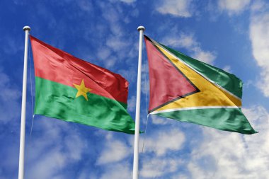 Bir Burkina Faso ve Guyana bayrağı, Güney Amerika-Afrika bağları için bir metafor, mavi gökyüzüne karşı el sallayarak dostluğu ve kültürel değişimi sembolize ediyor..