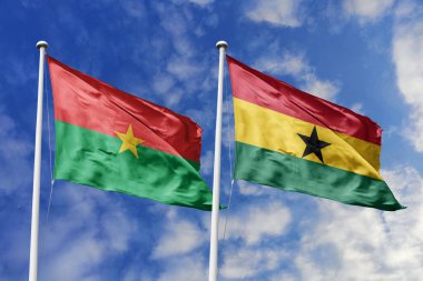 Bir Burkina Faso ve Gana bayrağı, Batı Afrika dayanışması için bir metafor, mavi gökyüzüne karşı birlikte el sallayarak dostluğu ve bölgesel birliği simgeliyor..