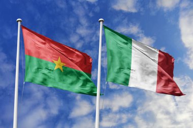 Burkina Faso ve İtalya 'nın Bayrakları Mavi Gökyüzüne Karşı Birlikte Dalgalanıyor, Diplomatik İlişkiler ve Kıtalararası Ortaklığı simgeliyor