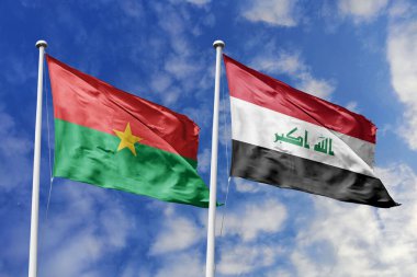 Burkina Faso ve Irak 'ın Bayrakları Mavi Gökyüzüne Karşı Birlikte Dalgalanıyor, Diplomatik İlişkiler ve Kıtalararası Ortaklığı simgeliyor