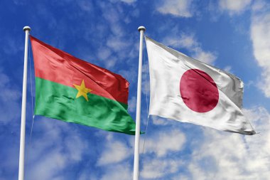 Burkina Faso ve Japonya 'nın Bayrakları Mavi Gökyüzüne Karşı Birlikte Dalgalanıyor, Diplomatik İlişkiler ve Küresel Ortaklığı simgeliyor