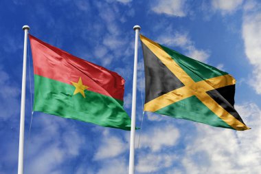 Burkina Faso ve Jamaika 'nın Bayrakları Mavi Gökyüzüne Karşı Birlikte Dalgalanıyor, Diplomatik İlişkileri ve Küresel Bağlantıları simgeliyor
