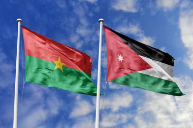 Burkina Faso ve Ürdün Bayrakları Mavi Gök 'e Karşı Birlikte Dalgalanıyor Diplomatik İlişkiler ve Kıtalararası Ortaklığı simgeliyor