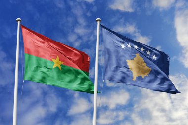 Burkina Faso ve Kosova 'nın Bayrakları Mavi Gökyüzüne Karşı Birlikte Dalgalanıyor, Diplomatik İlişkiler ve Küresel Bağlantıları simgeliyor
