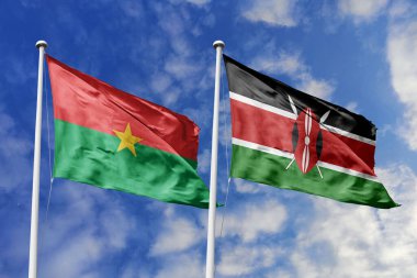 Burkina Faso ve Kenya 'nın Bayrakları Mavi Gökyüzüne Karşı Birlikte Dalgalanıyor, Afrika Birliği ve İkili İlişkileri simgeliyor