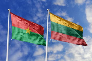 Burkina Faso ve Ermenistan 'ın Bayrakları Mavi Gökyüzüne Karşı Birlikte Dalgalanıyor, Diplomatik İlişkileri ve Küresel Bağlantıları simgeliyor