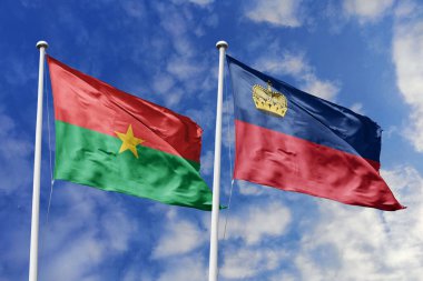 Burkina Faso ve Lihtenştayn 'ın Bayrakları Mavi Gökyüzüne Karşı Birlikte Dalgalanıyor, Diplomatik İlişkiler ve Uluslararası İlişkileri simgeliyor