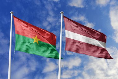 Burkina Faso ve Letonya 'nın bayrakları parlak bir gökyüzü altında sallanarak birlik, barış ve küresel işbirliğini sembolize ediyor. Kültürel değişim ve diplomatik uyum için canlı bir metafor, stok fotoğrafçılığı için ideal..