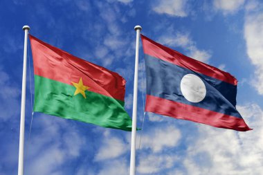 Burkina Faso ve Laos 'un bayrakları açık bir gökyüzü altında el sallayarak birlik, barış ve uluslararası dostluğu simgeliyor. Kültürel uyum ve diplomatik bağlar için canlı bir metafor, hisse kullanımı için mükemmel..