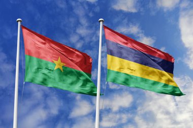 Bir Burkina Faso ve Mauritius bayrağı, Hint Okyanusu-Afrika birliği için bir metafor, mavi gökyüzüne karşı el sallayarak dostluğu ve kültürel değişimi sembolize eder..