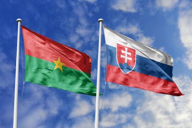 Bir Burkina Faso ve Slovakya bayrağı, Avrupa-Afrika bağlarının bir metaforu, mavi gökyüzüne karşı birlikte el sallayarak dostluğu ve kültürel değişimi simgeliyor..