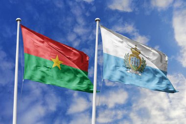 Bir Burkina Faso ve San Marino bayrağı, Avrupa-Afrika bağlarının bir metaforu, mavi gökyüzüne karşı birlikte dalgalanıyor, dostluğu ve kültürel değişimi simgeliyor..
