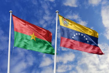 Bir Burkina Faso ve Venezuela bayrağı, Güney-Kuzey dayanışması için bir metafor, mavi gökyüzüne karşı birlikte el sallıyor, birlik ve karşılıklı desteği simgeliyor..