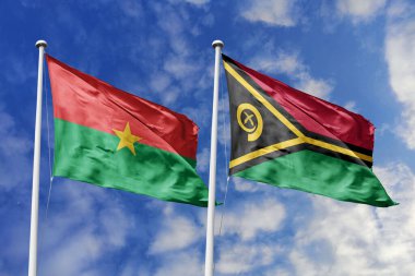 Bir Burkina Faso ve Vanuatu bayrağı, Pasifik-Afrika bağları için bir metafor, mavi gökyüzüne karşı birlikte dalgalanıyor, birlik ve kültürel çeşitliliği simgeliyor..