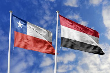 Şili ve Yemen Bayrakları Yan yana Dalgalanıyor, Küresel Bağlantıları ve Çeşitli Milletleri Sembolize Ediyor.