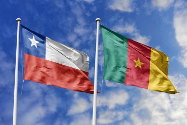 Şili ve Kamerun Bayrakları Açık Mavi Gökyüzüne Karşı Dalgalanıyor, İkili İlişkiler ve Uluslararası Dostluğu simgeliyor