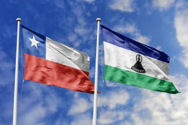 Şili ve Lesotho Bayrakları Parlak Mavi Gökyüzü Altında Birlikte Dalgalanıyor, Uluslararası İşbirliği ve Diplomasiyi simgeliyor