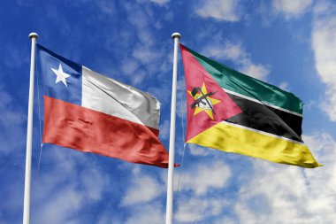 Flags of Chile and Mozambique Waving Together Under a Bright Blue Sky, Symbolizing International Cooperation and Diplomacy