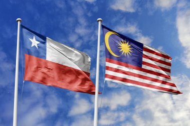 Şili ve Malezya Bayrakları Canlı Mavi Gökyüzüne Karşı Birlikte Dalgalanıyor, Uluslararası Diplomasi ve İşbirliğini simgeliyor