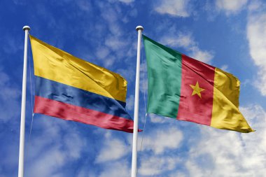 Kolombiya ve Kamerun Bayrakları Canlı Mavi Gök 'e Zarifçe Dalgalanıyor Diplomatik İlişkiler ve Uluslararası İlişkileri Resmediyor.