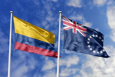 Kolombiya ve Aşçı Adaları 'nın bayrakları Dinamik Mavi Gökyüzüne Karşı Yanyana Dalgalanıyor Diplomatik Bağlantıları ve Uluslararası Dostluğu Sembolize ediyor