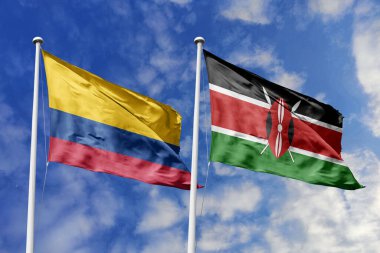Kolombiya ve Kenya bayrakları açık mavi gökyüzünün arka planında gururla dalgalanmakta, uluslararası bağlantıları, kültürel alışverişi ve çeşitli küresel temsilleri göstermektedir..