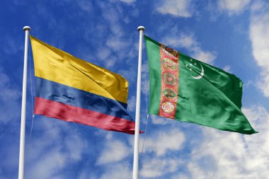 The Vibrant Flags of Colombia and Turkmenistan Waving Together in the Breeze Under a Bright Blue Sky, Symbolizing Growing Diplomatic Ties and a Bridge Between Diverse Cultures and Continents.