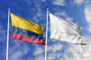 The Vibrant Flag of Colombia and a Symbolic White Flag Waving Together Against a Dynamic Blue Sky, Representing Concepts of Peace, Surrender, or a Blank Slate in International Contexts.