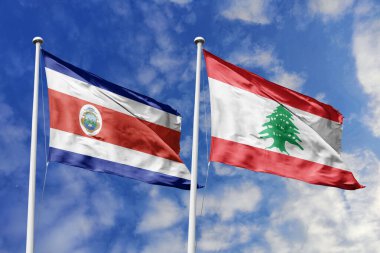 Kosta Rika ve Lübnan bayrakları, iki ülke arasındaki uluslararası ilişkiler, dostluk ve diplomasiyi simgeleyen canlı mavi gökyüzüne gururla el sallıyor.