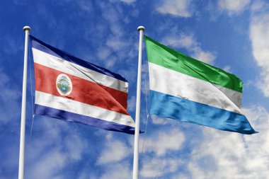 Kosta Rika ve Sierra Leone Ulusal Bayrağı Mavi Gökyüzü Altında Gururla Dalgalanıyor, Diplomatik İlişkiler ve Uluslararası Dostluğu simgeliyor.