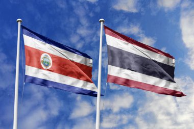 Kosta Rika ve Tayland bayrakları güneşli bir günde el sallayarak uluslararası ilişkileri, dostluğu ve iki ülke arasındaki işbirliğini simgeliyor..