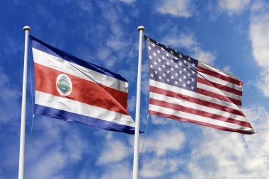 Kosta Rika ve Amerika Birleşik Devletleri Bayrakları Açık Mavi Gökyüzü Altında Birlikte Dalgalanıyor, Güçlü Diplomatik İlişkiler ve Dostluğu simgeliyor.